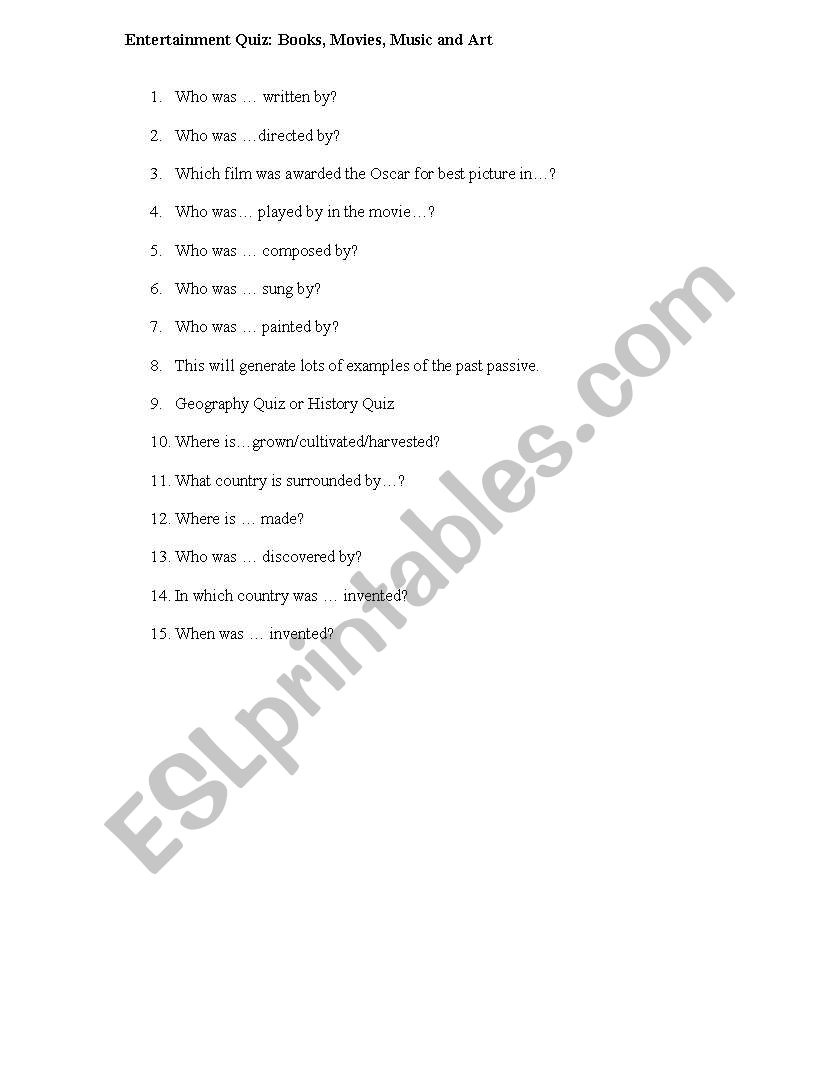 Entertainment Quiz: Books, Movies, Music and Art