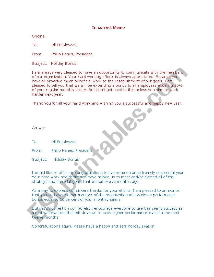 Business writing-Memo worksheet