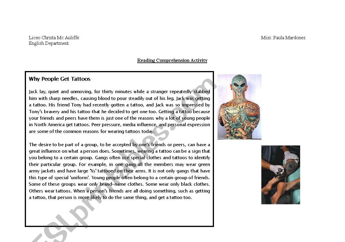 Tattos Reading worksheet