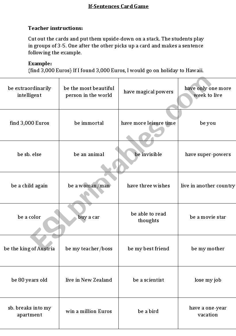 If-sentences card game worksheet