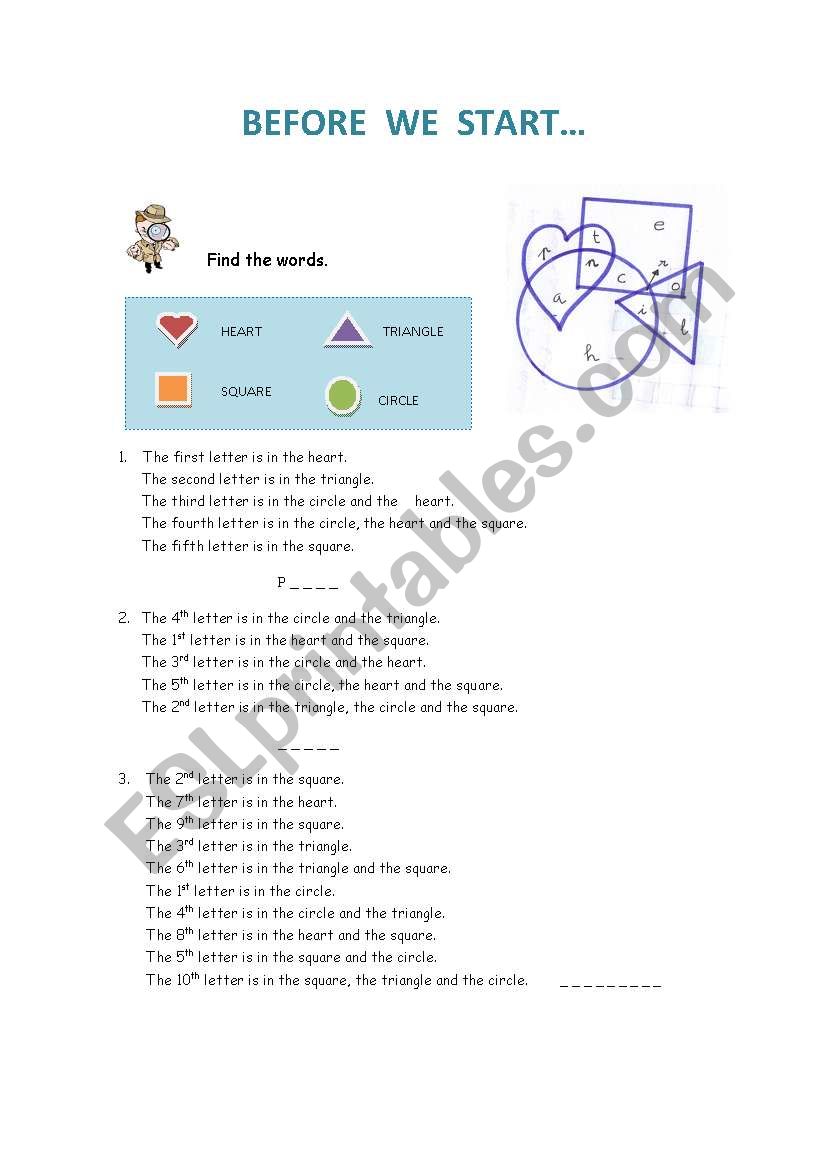 Warm-up: circle, triangle, heart and square.