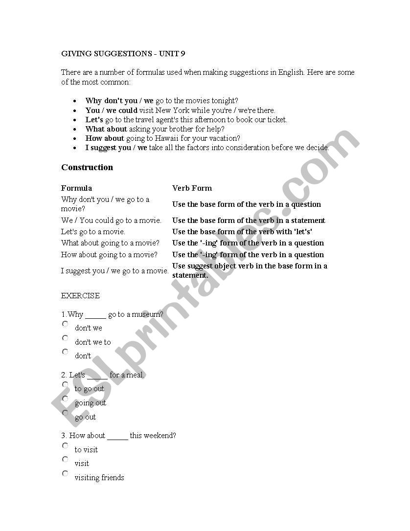 making suggestions worksheet