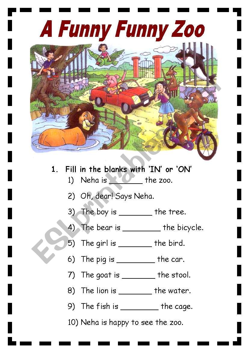 The Funny Funny Zoo (comprehension and prepositions) 2 Pages