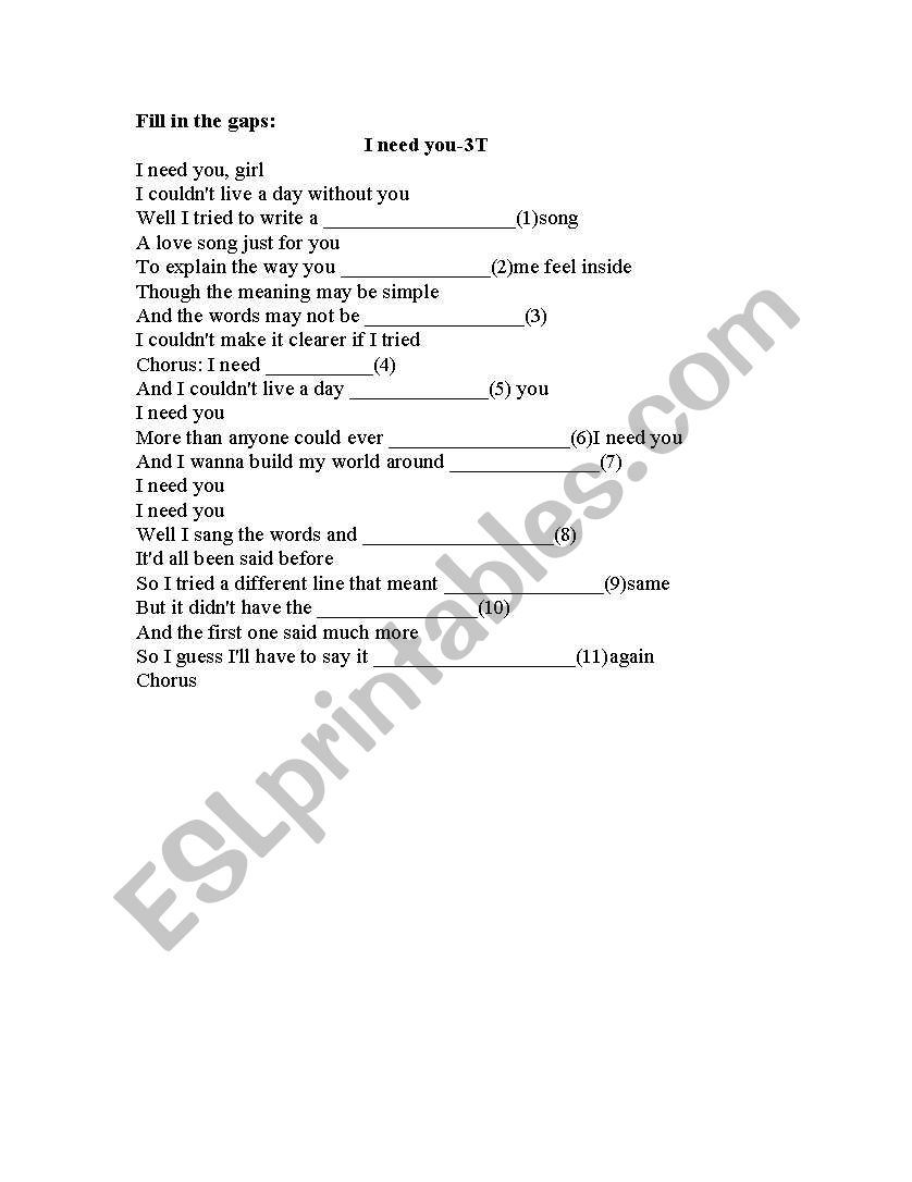 i need you -3T  worksheet