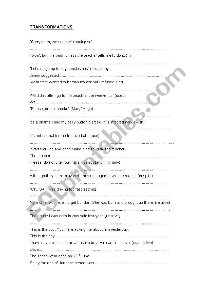 transformations - 3 pages worksheet