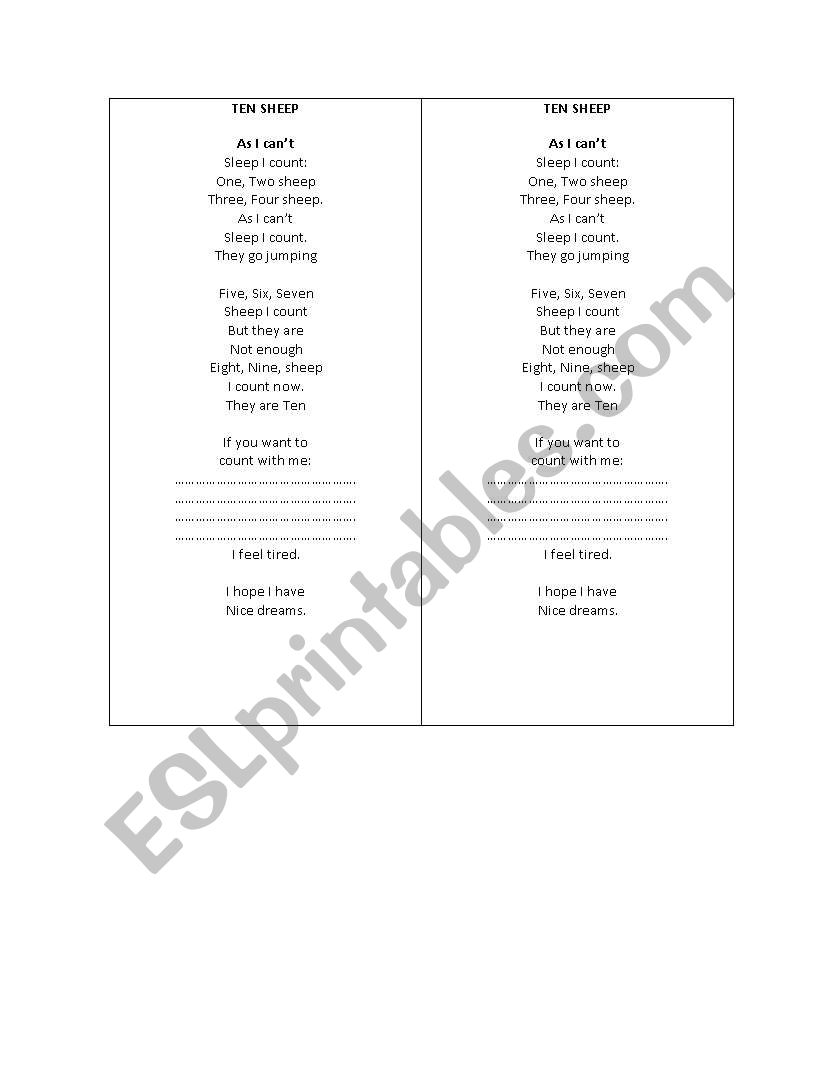 SING A SONG...TEN SHEEP worksheet