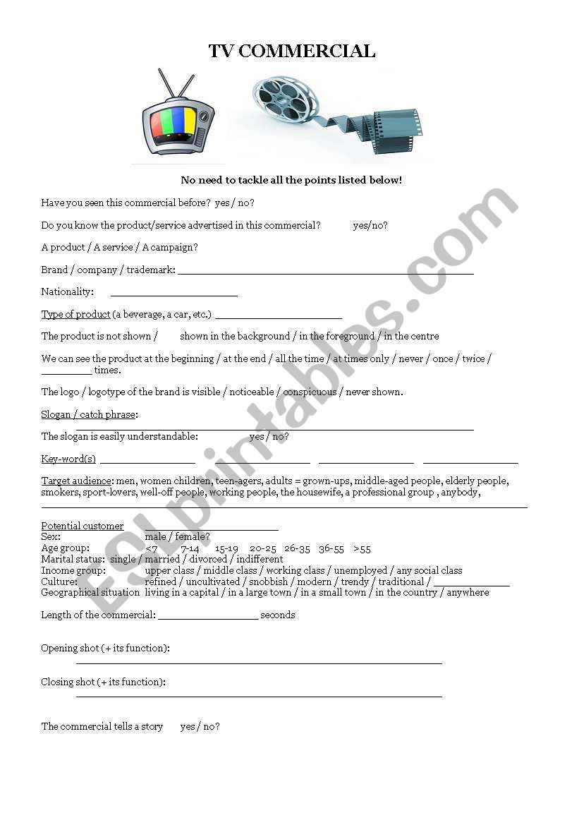 Analysing a TV COMMERCIAL worksheet