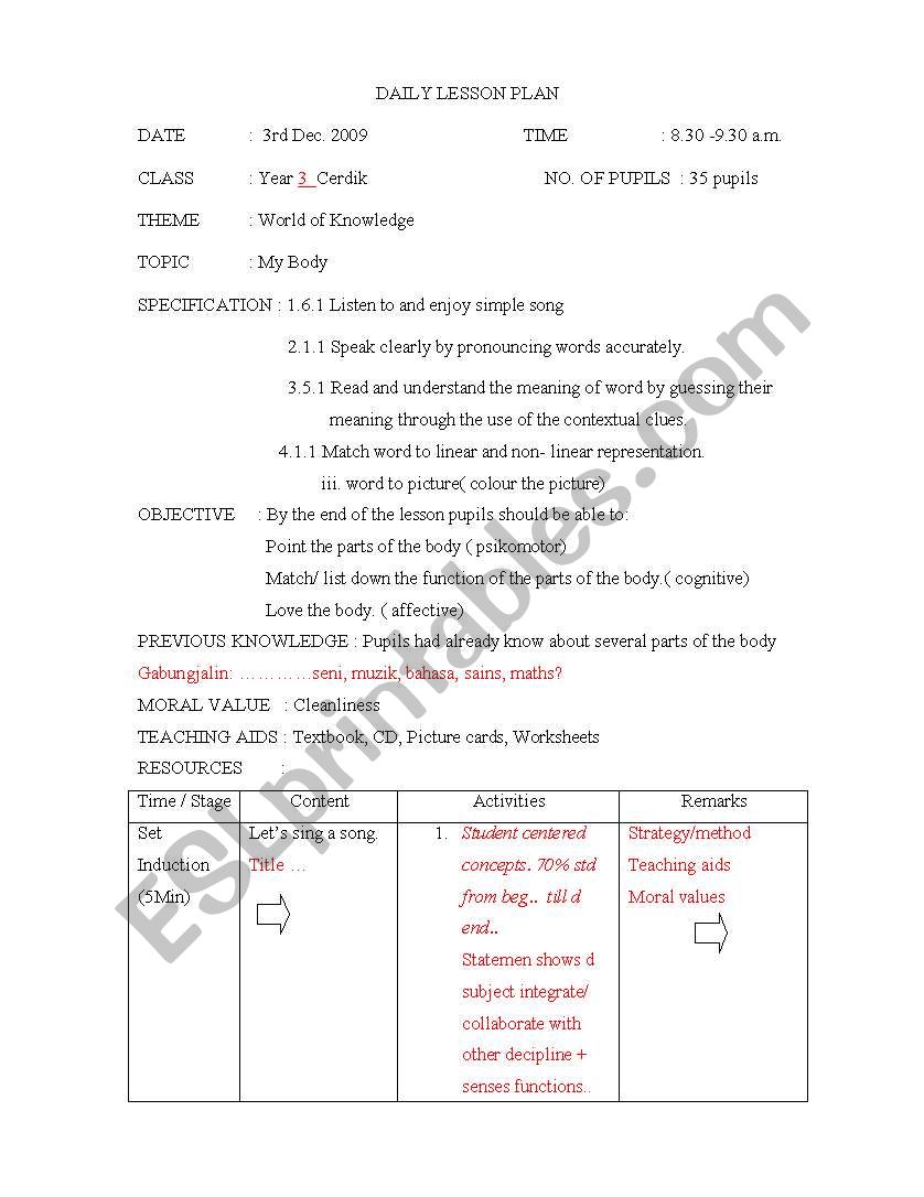 Daily lesson plan year 3 worksheet