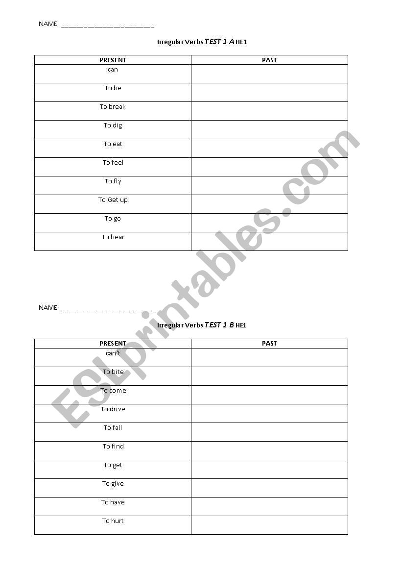 Irregular verbs TEST 1 worksheet