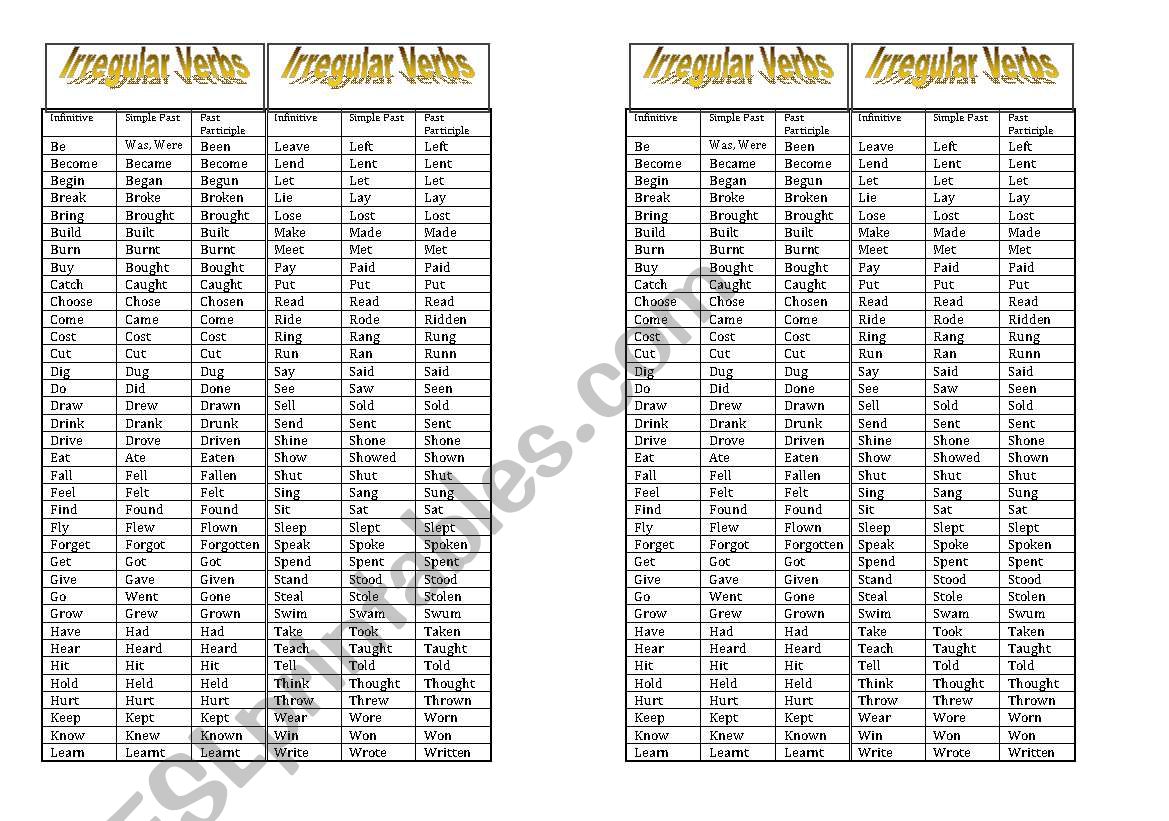 Irregular Verbs Bookmark worksheet