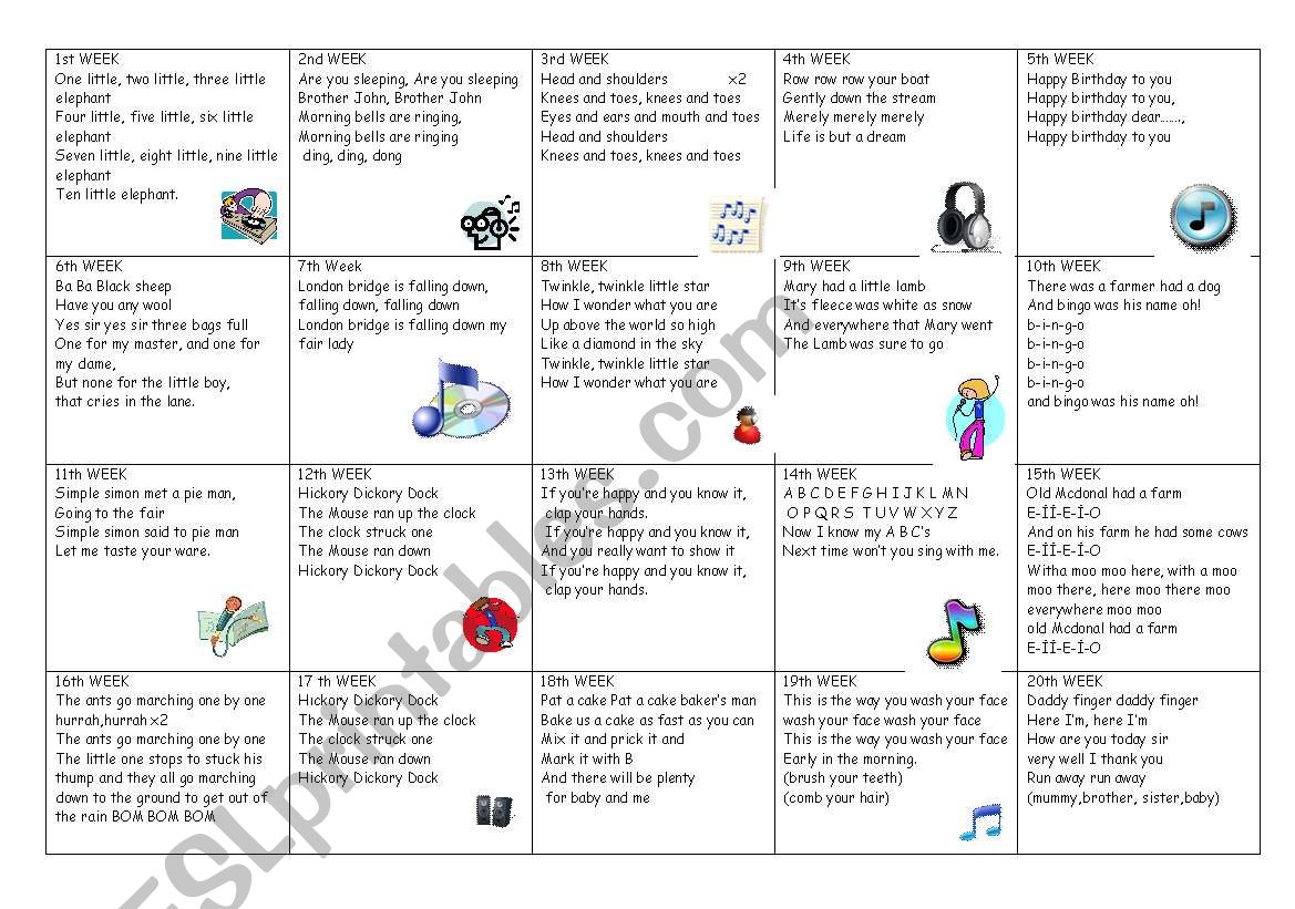 Nursery songs for each week worksheet