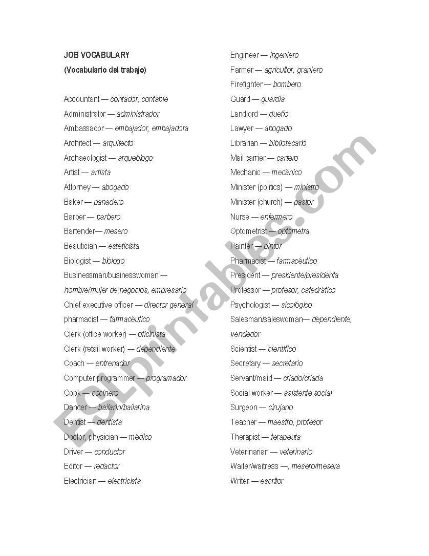 Job Vocabulary worksheet