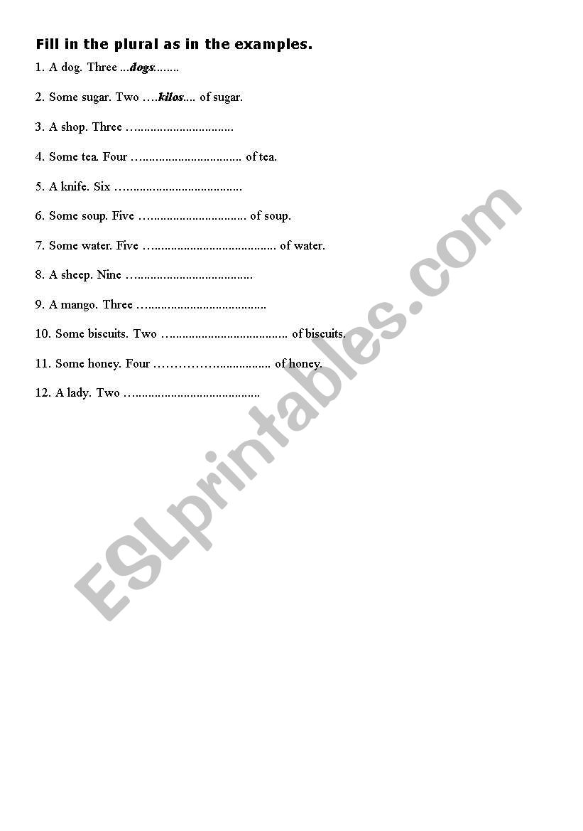 Fill in the plurals worksheet