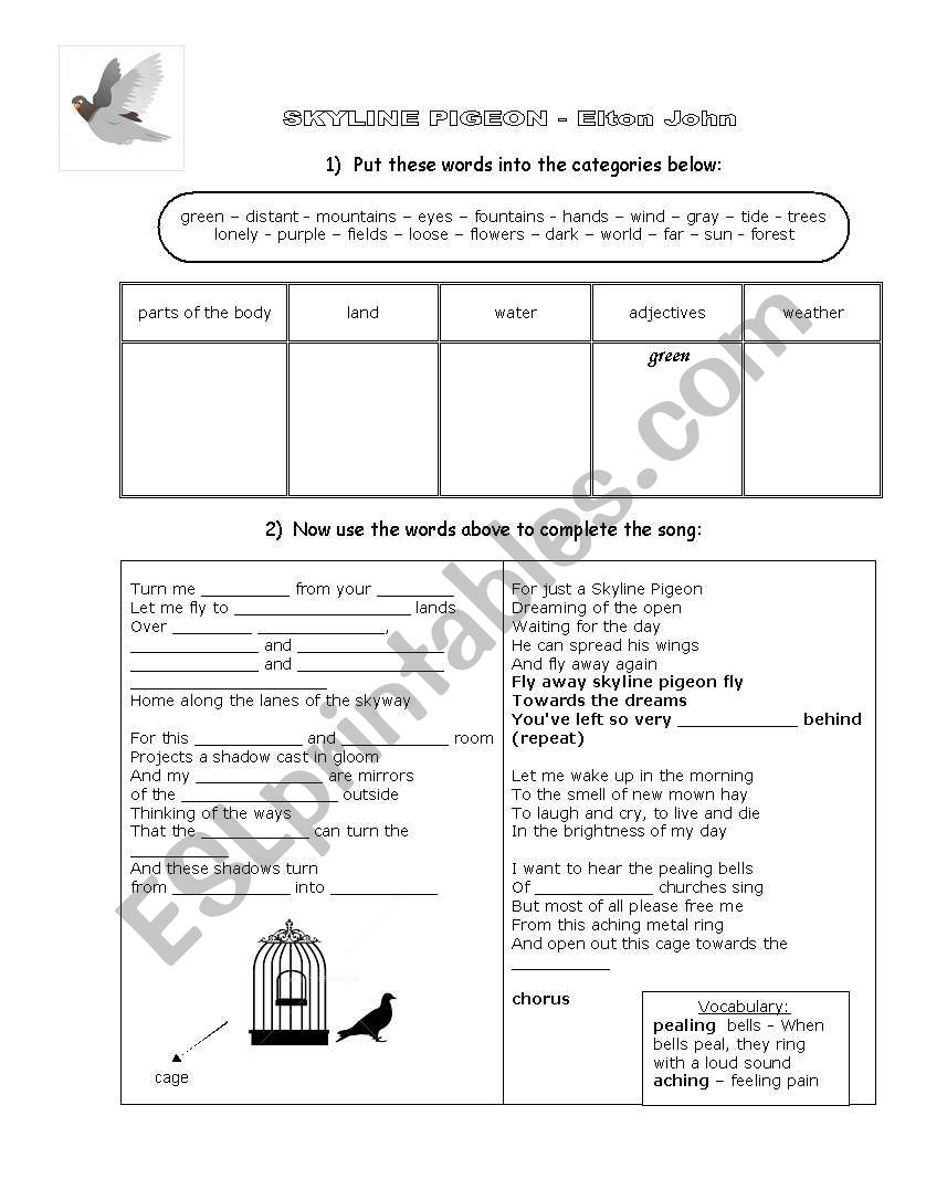 Skyline Pigeon - Elton John song with exercises and answer key