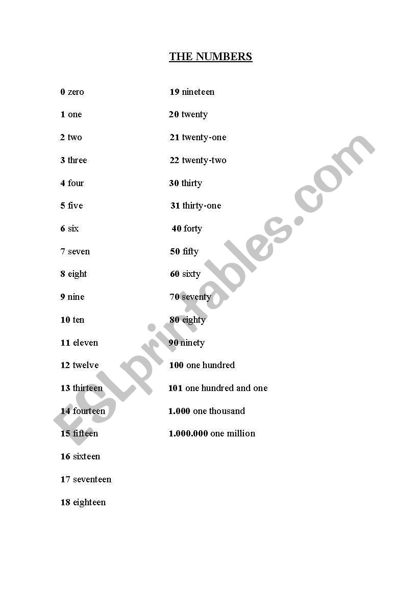 The Numbers (for adults) worksheet