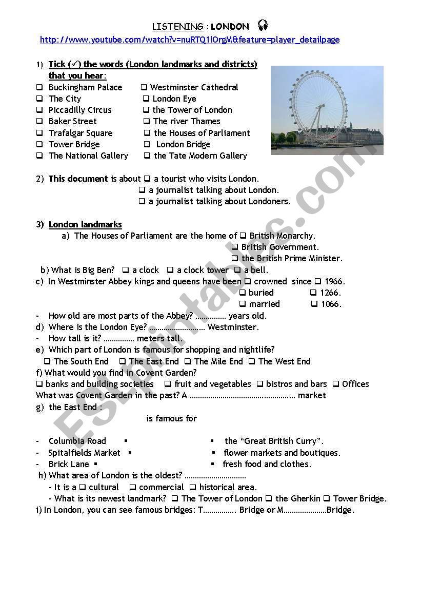 London landmarks (listening) worksheet