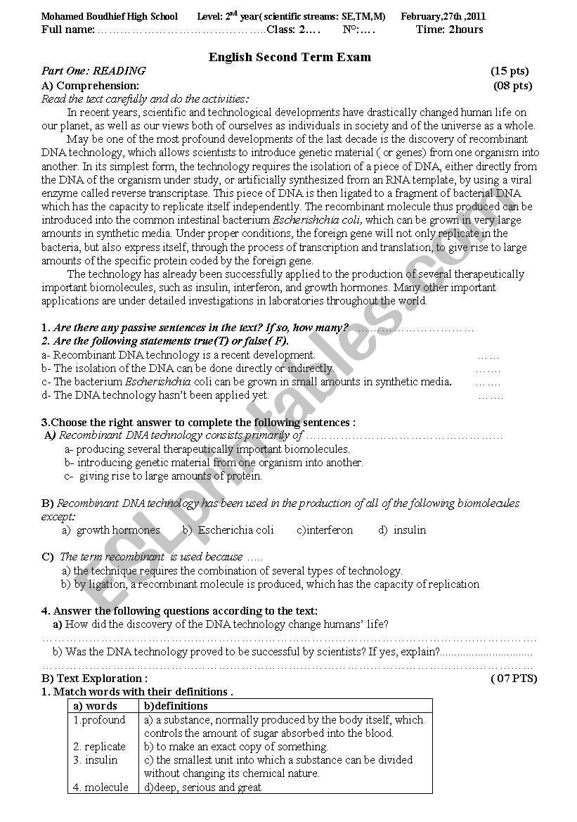 Second year scientific stream exam in algeria