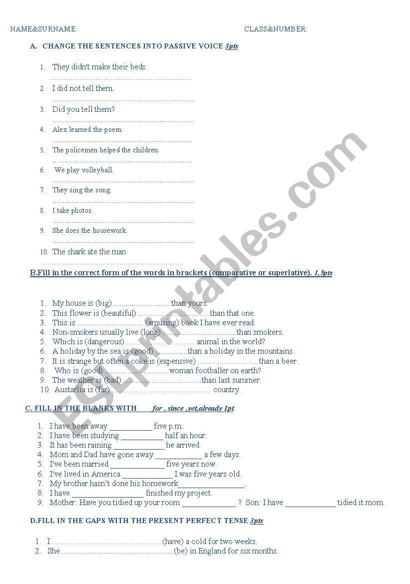 passive, present perfect, comparative superlative