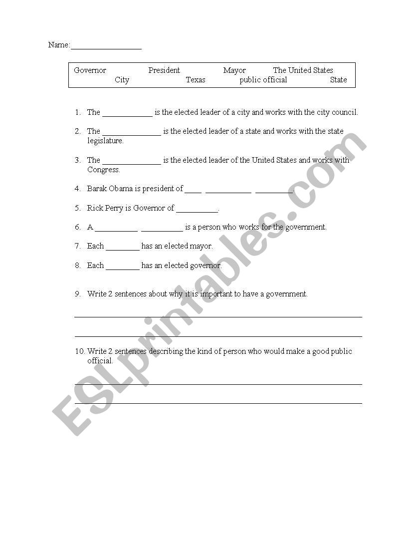 Government Officials worksheet