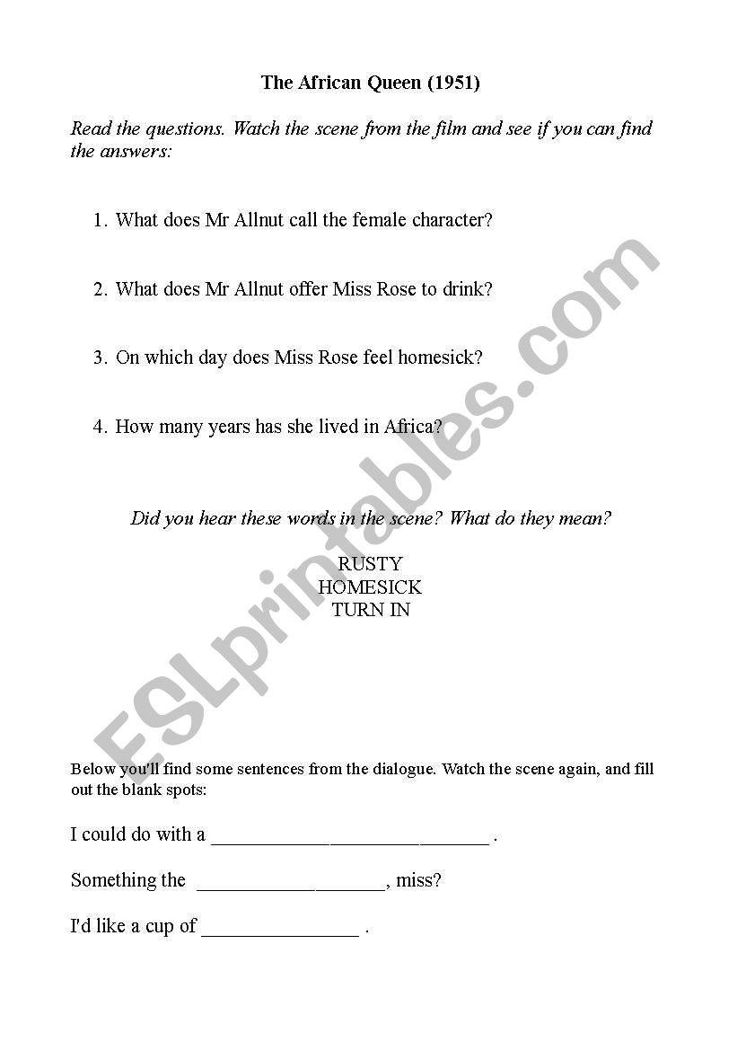 African Queen worksheet worksheet