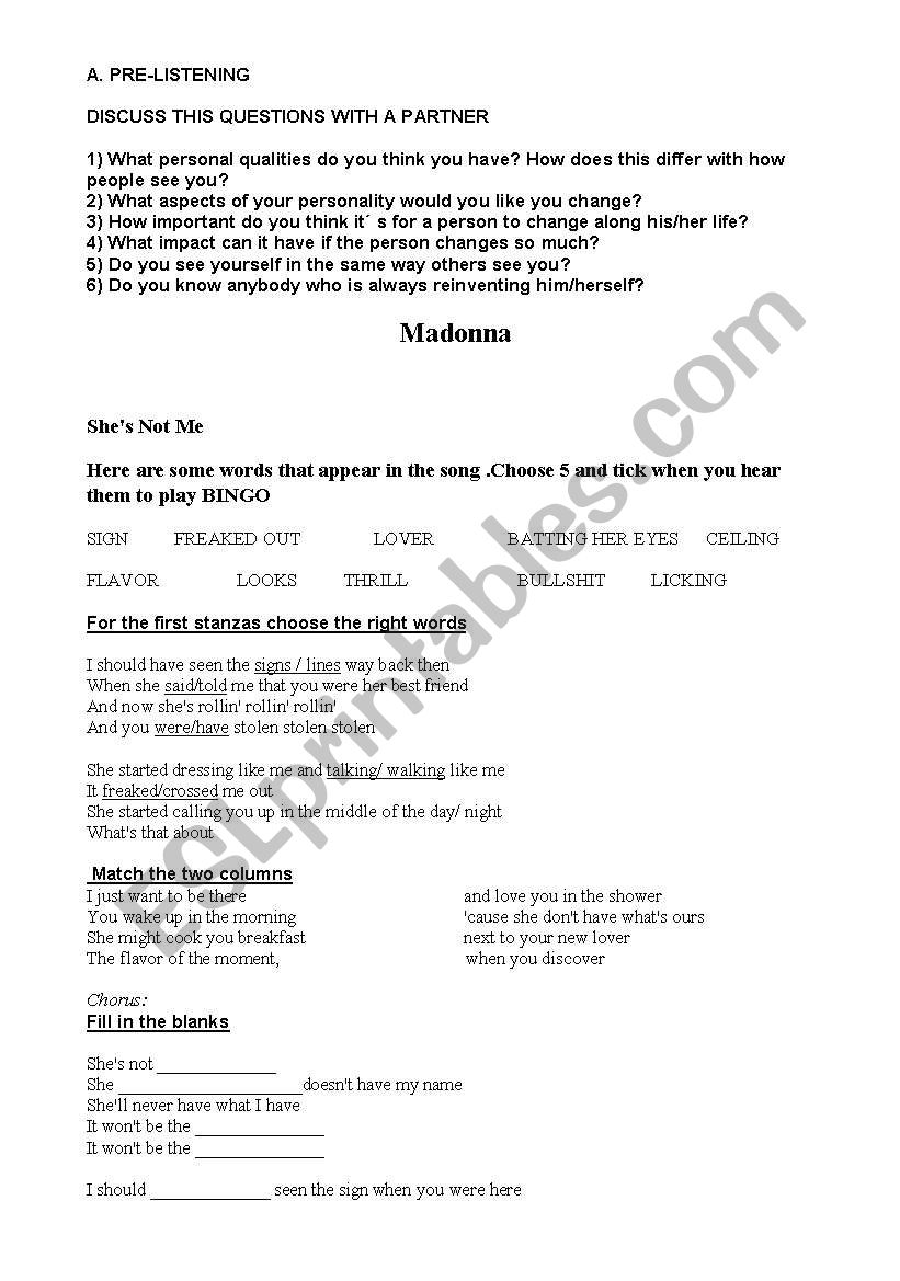 Madonna - Shes not me worksheet