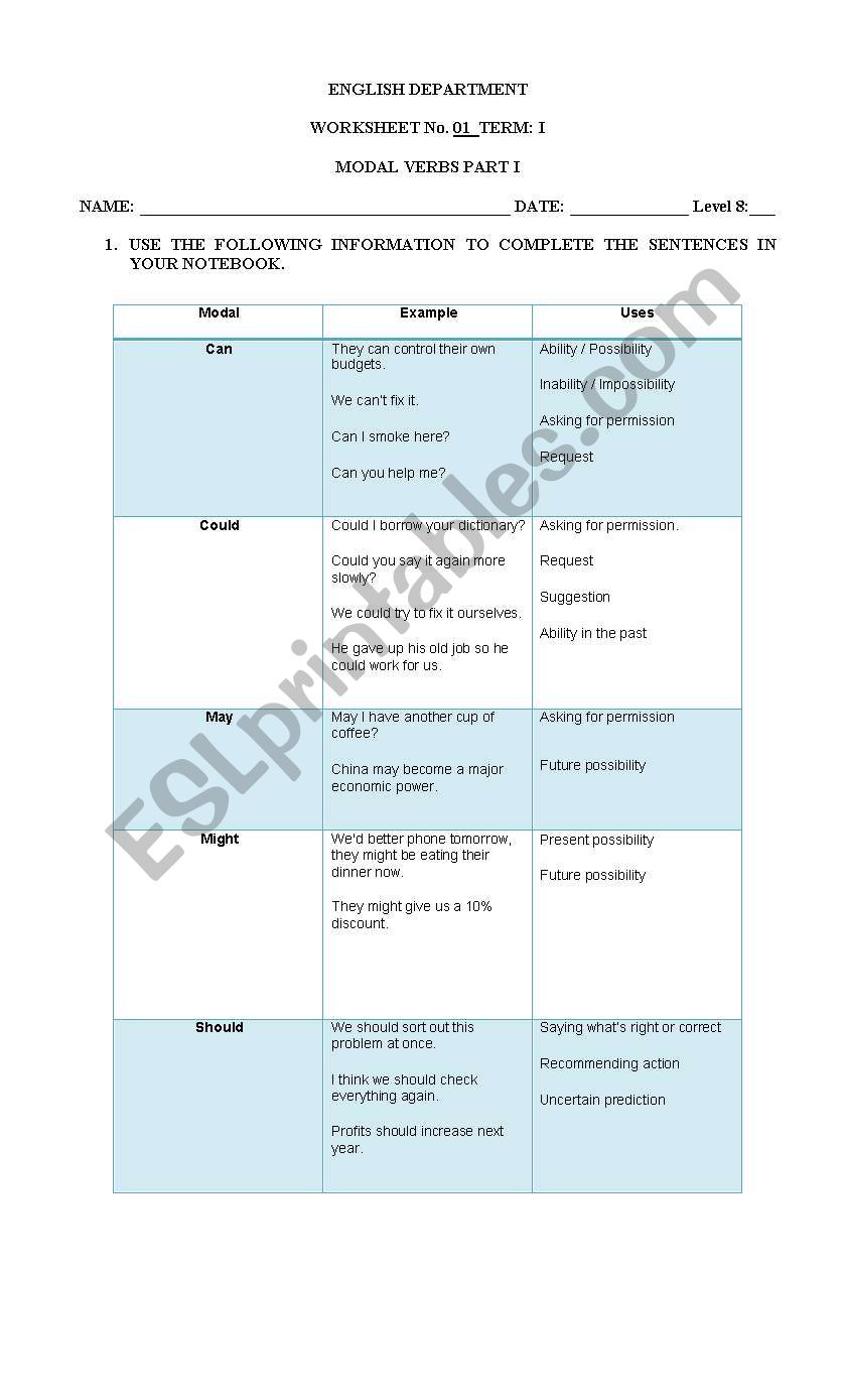 modal verbs worksheet