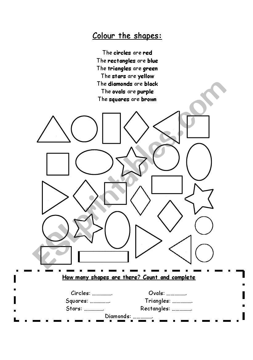 Colour the shapes and complete