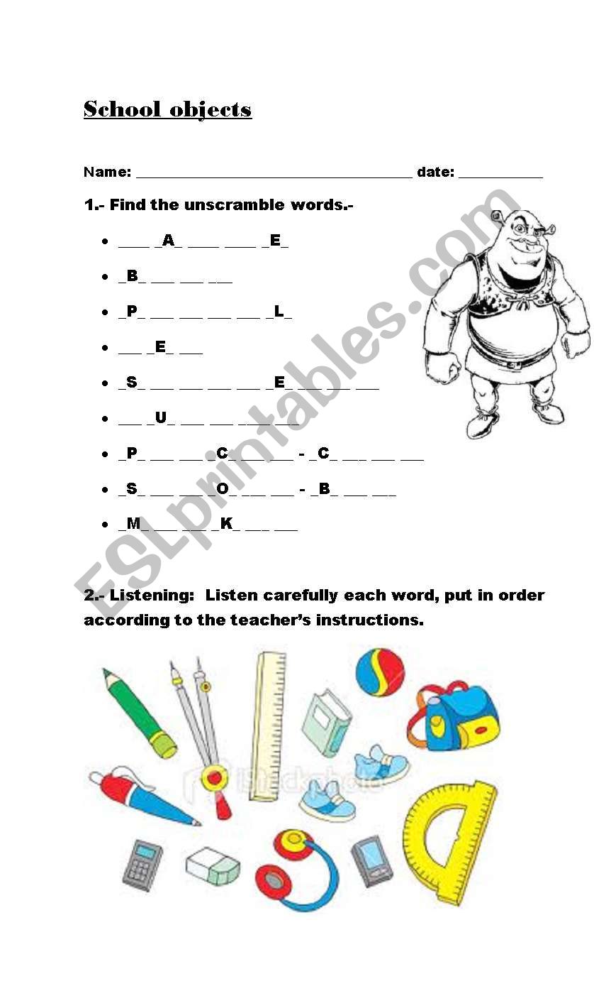 school objects worksheet