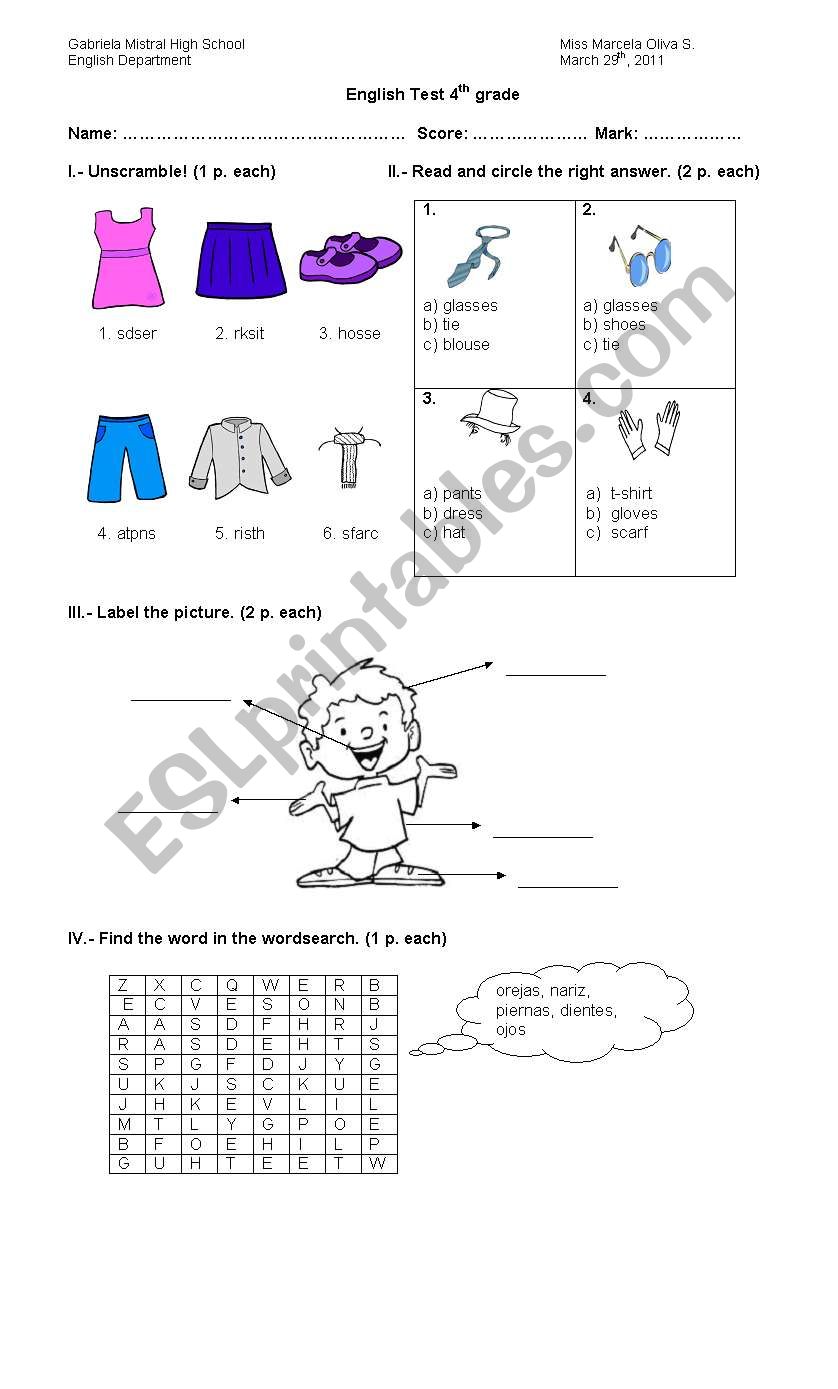 body and clothes worksheet