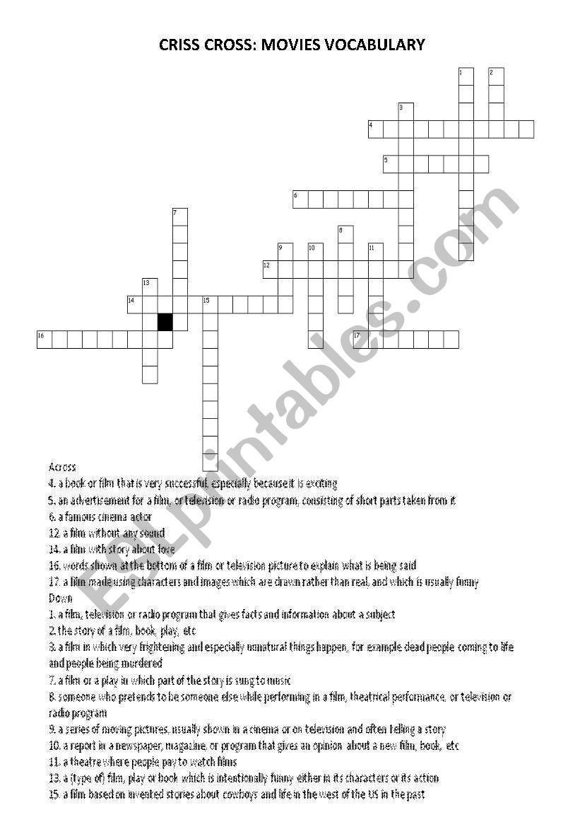 MOVIES VOCABULARY CRISS CROSS PUZZLE