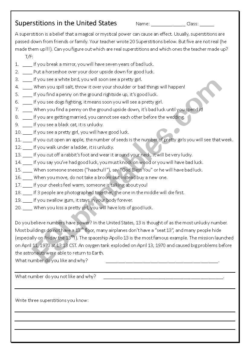 Superstitions worksheet