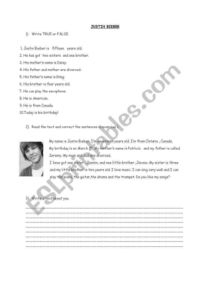 About Justin Bieber. worksheet