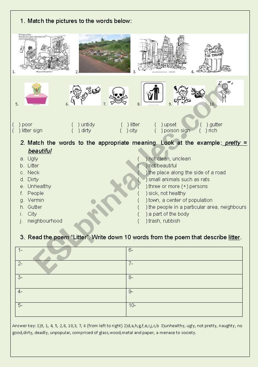 Litter - reading poem worksheet