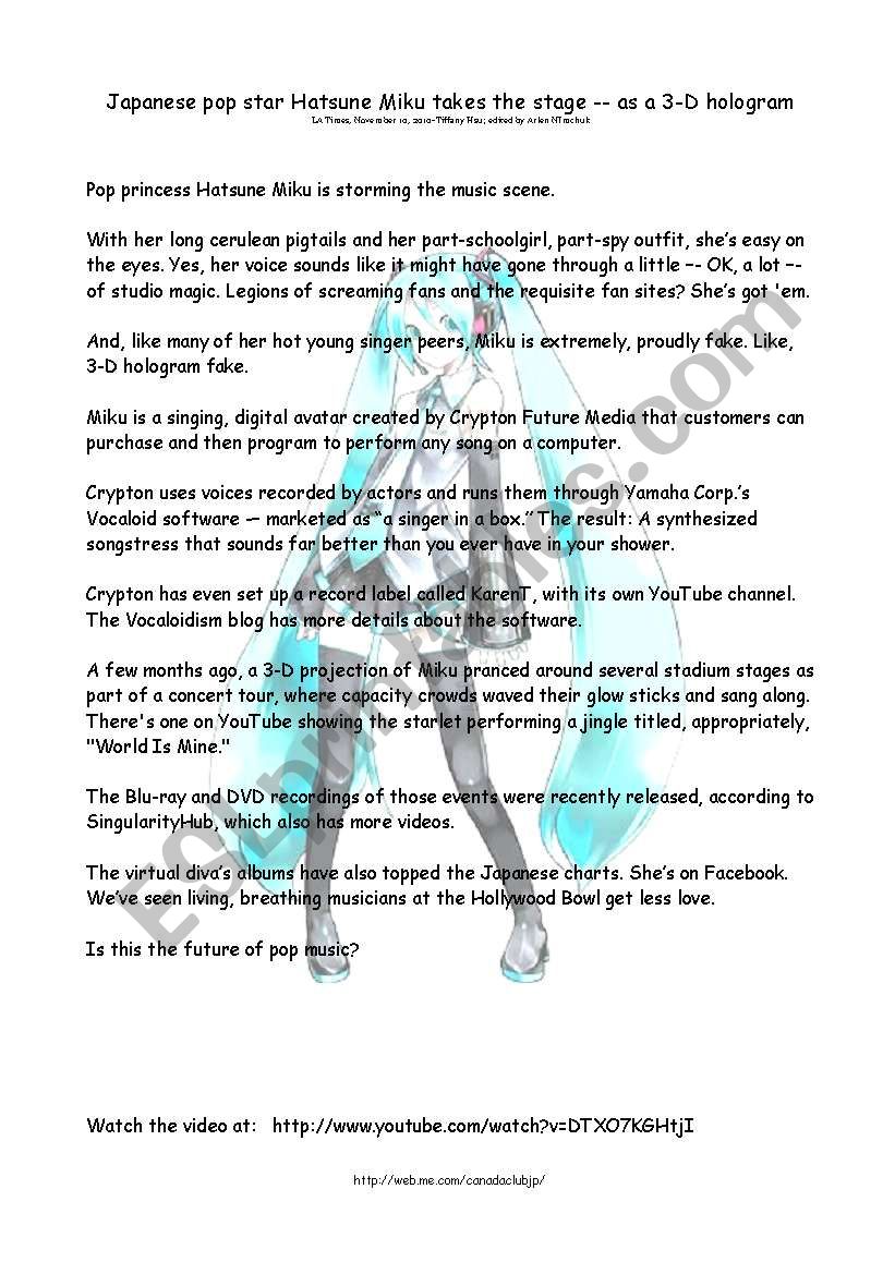 Hatsune Miku - a 3-D Pop Star worksheet