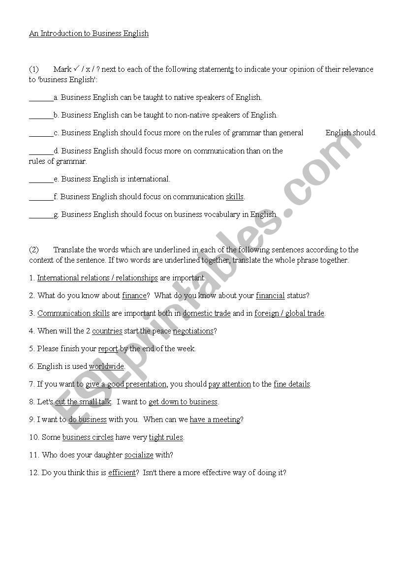 Business English - beginners worksheet