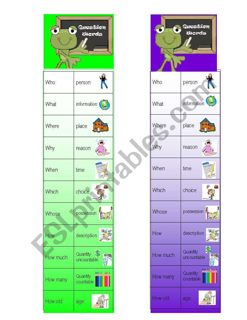 Question Words Bookmarks worksheet