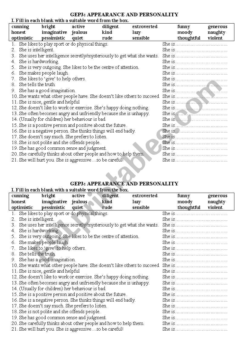 Vocabulary on Appearance and Personality