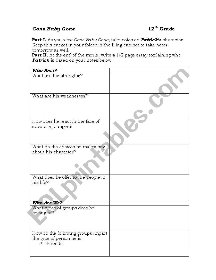 Gone Baby Gone worksheet