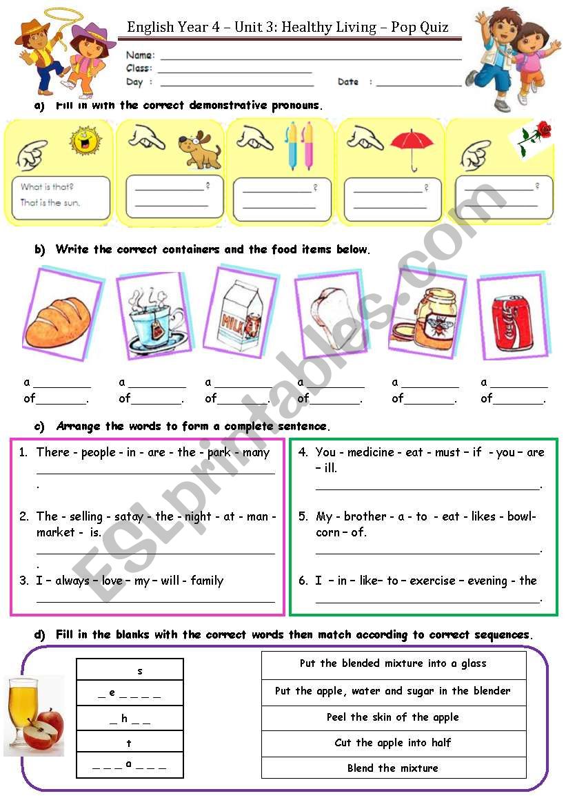 Healthy Living-Pop Quiz worksheet