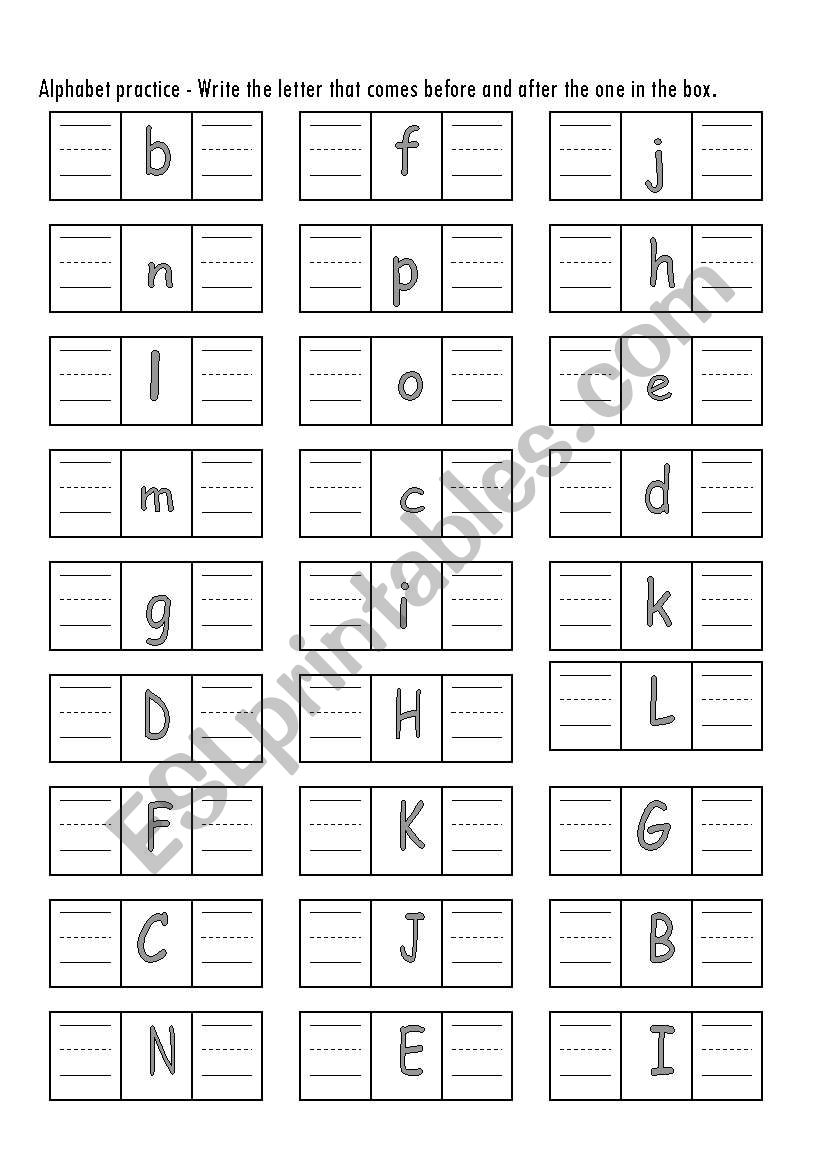 Alphabet before and after worksheet