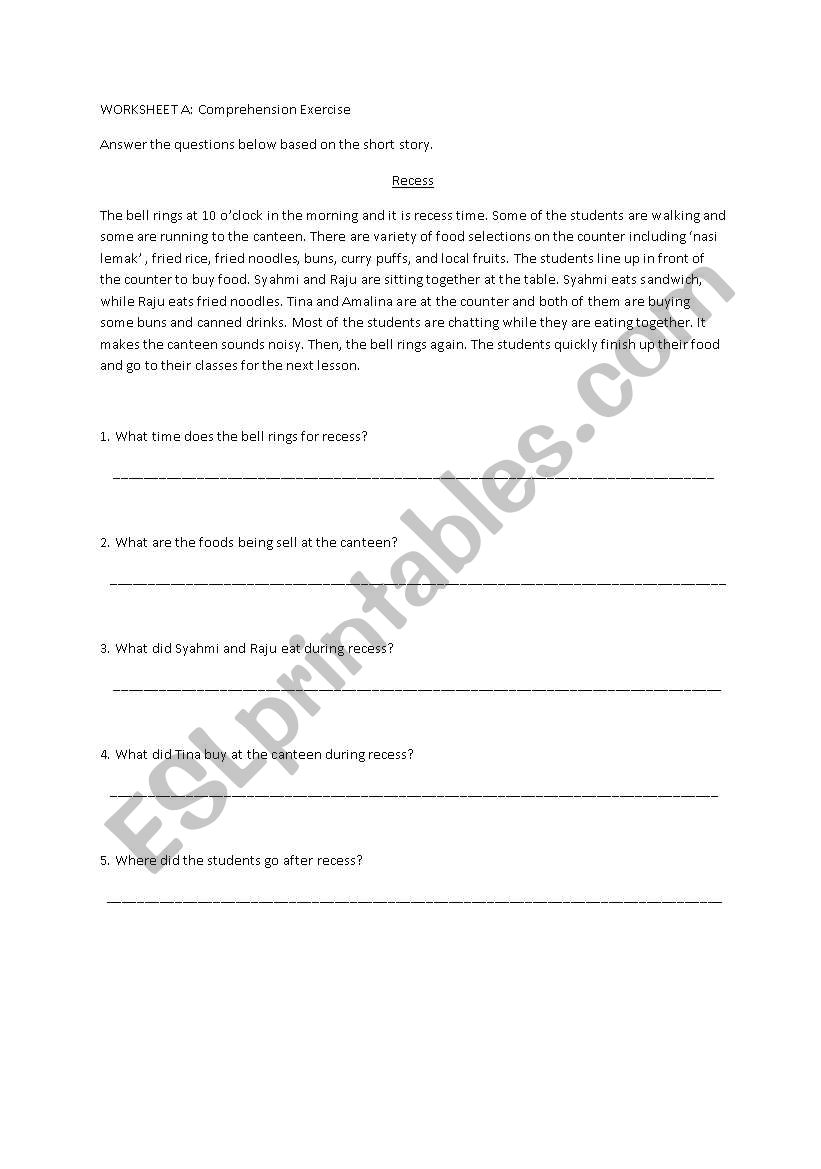 Recess worksheet