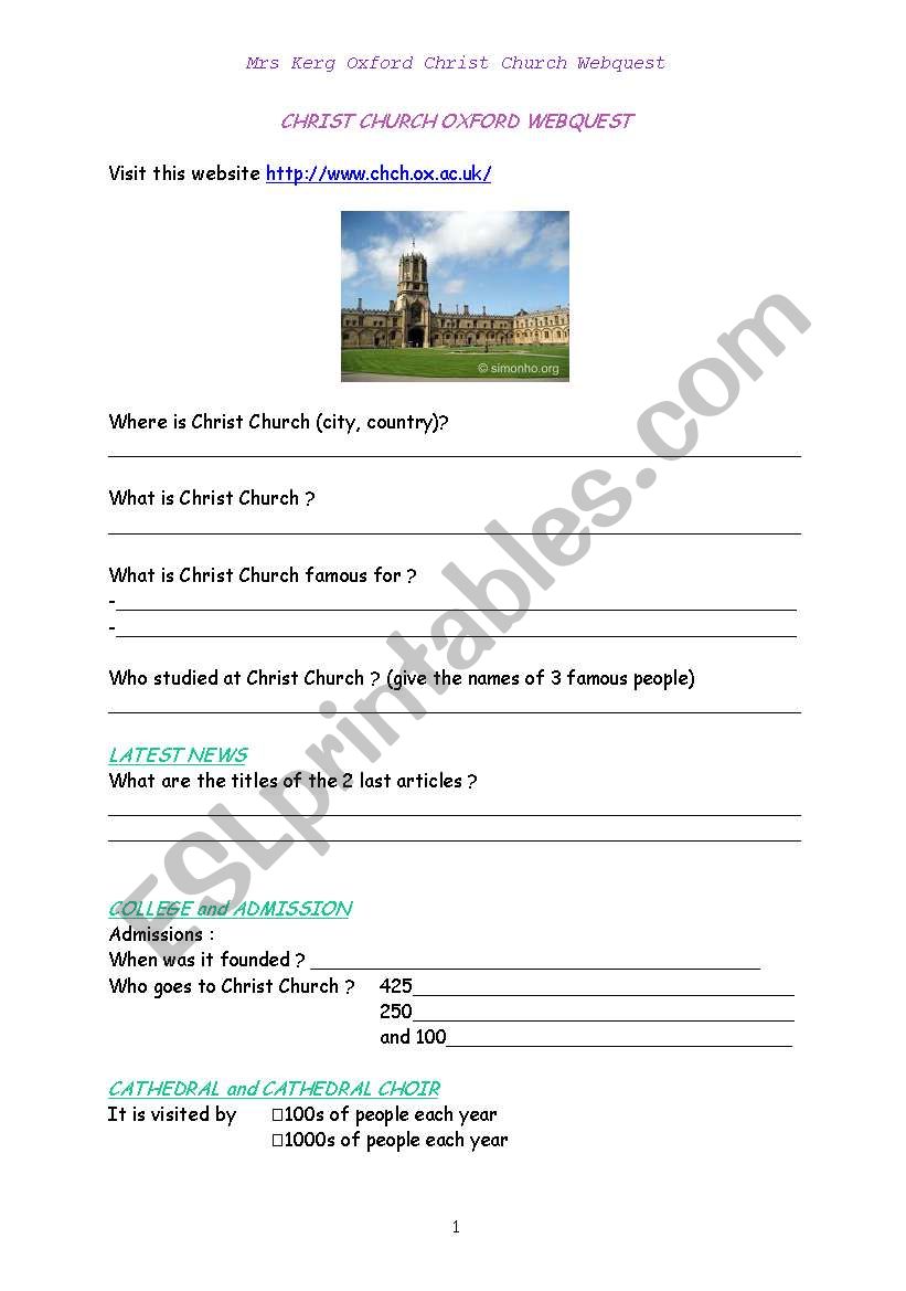 Webquest Oxford Christ Church worksheet