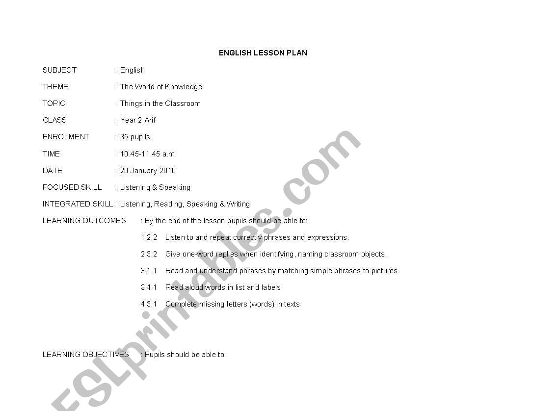 Things in the Classroom worksheet