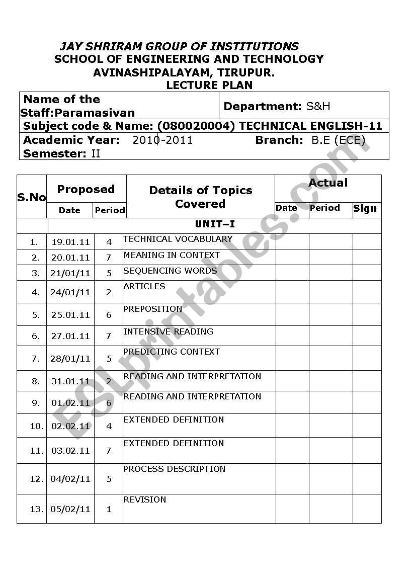 lecture plan worksheet