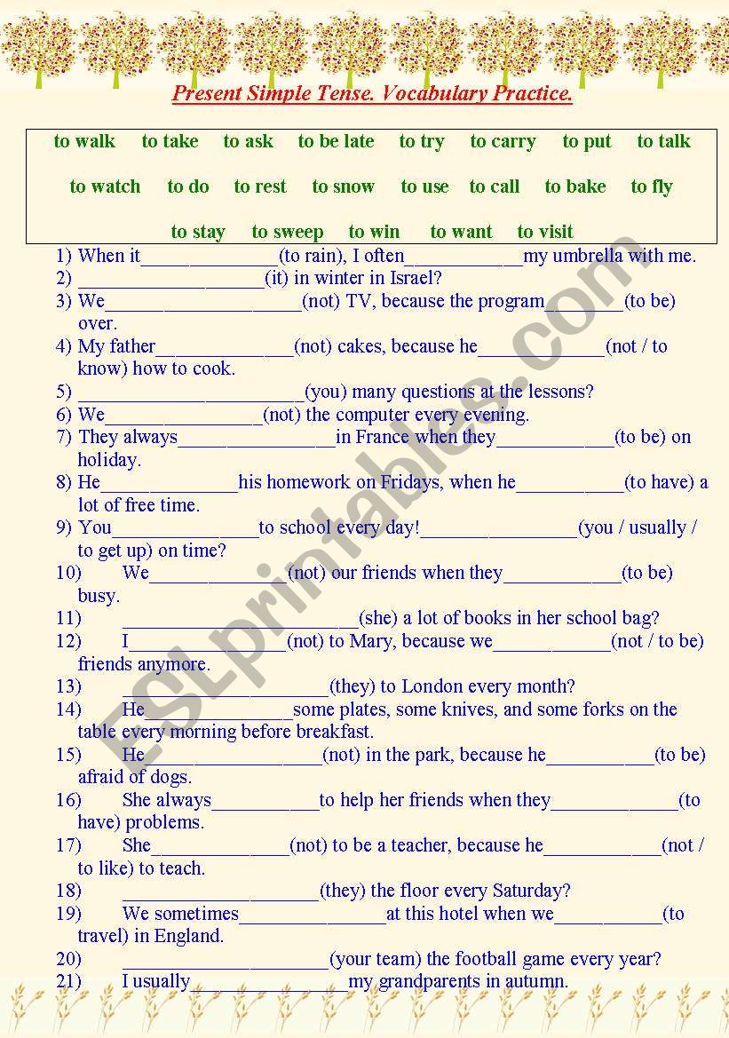 Present Simple Tense. Vocabulary Practice. 