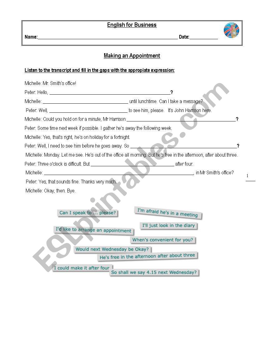 Making an Appointment worksheet