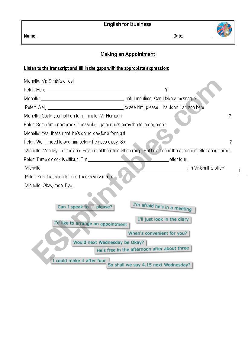 Making an Appointment worksheet