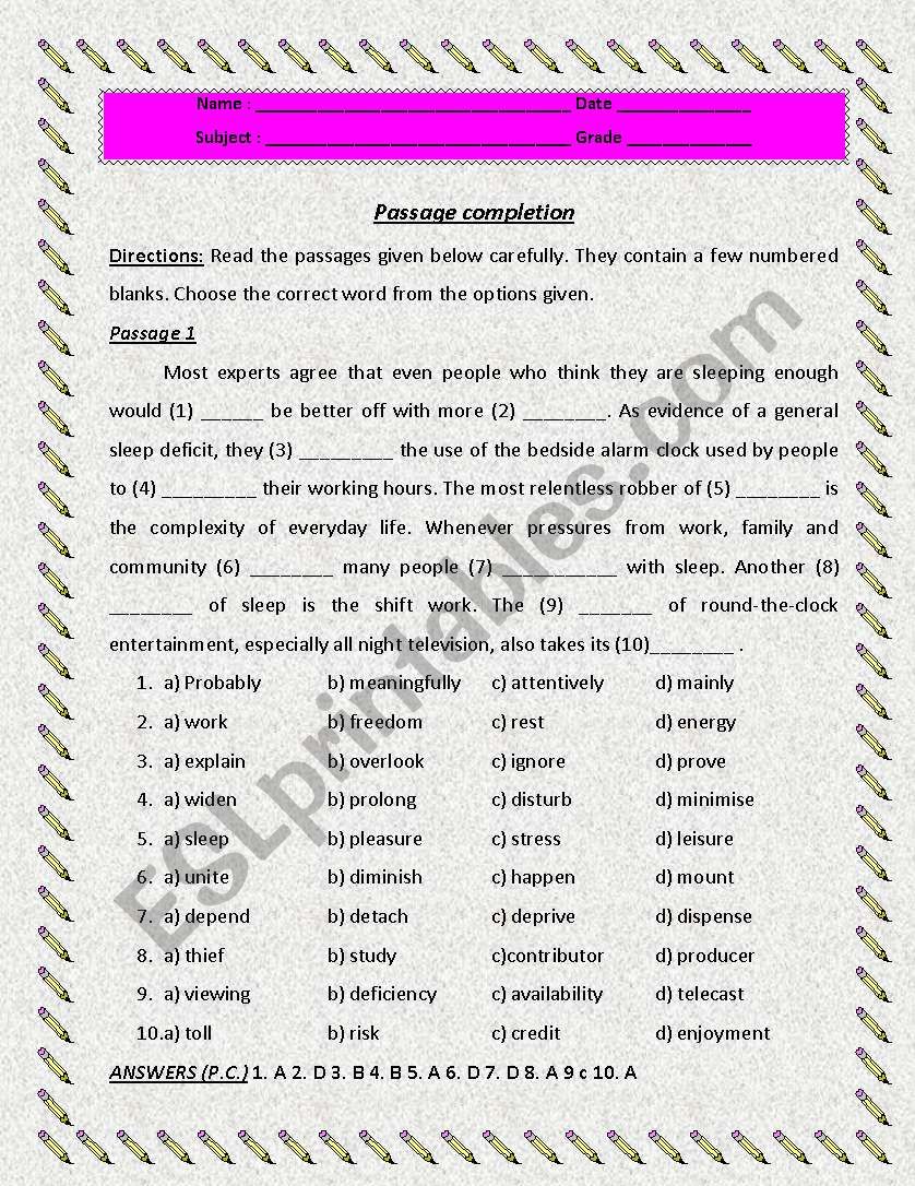 Passage Completion worksheet