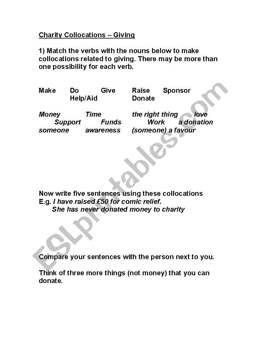 Charity collocations worksheet