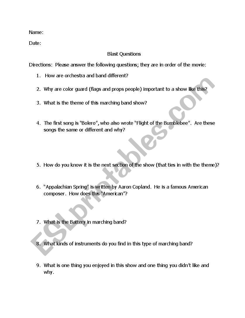 Blast Movie Questions worksheet